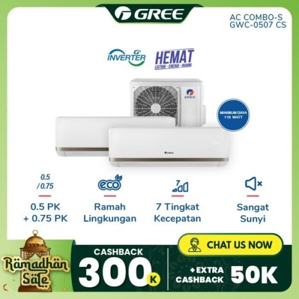 TERMURAH AC GREE COMBO SPLIT INVERTER (2 INDOOR 1/2PK+3/4PK 1 OUTDOOR) GWC-0507CSS