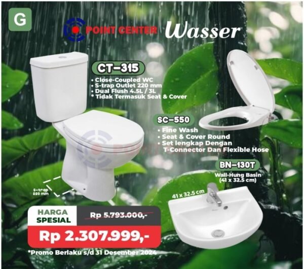 TERMURAH PROMO PAKET G WASSER CT-315 MONOBLOK TOILET DUDUK + SC550 + BN-130