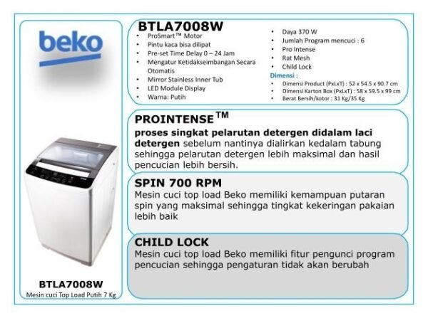 TERMURAH BEKO BTLA7008W Mesin Cuci TOP Loading 1 Tabung 7KG - Image 3